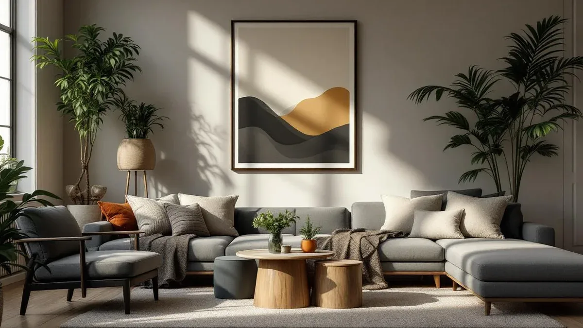 Directrice artistique teste la largeur d'un tableau au-dessus d'un canapé dans un salon contemporain