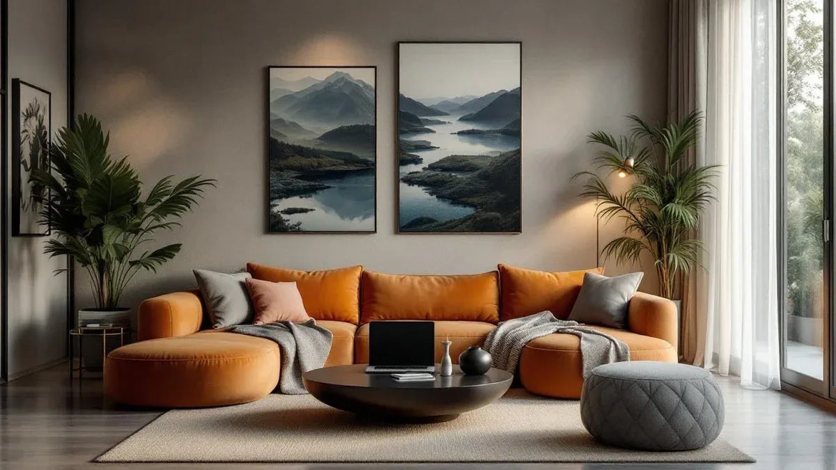 Salon moderne avec tableau au-dessus du canapé, palette terracotta et vert sauge