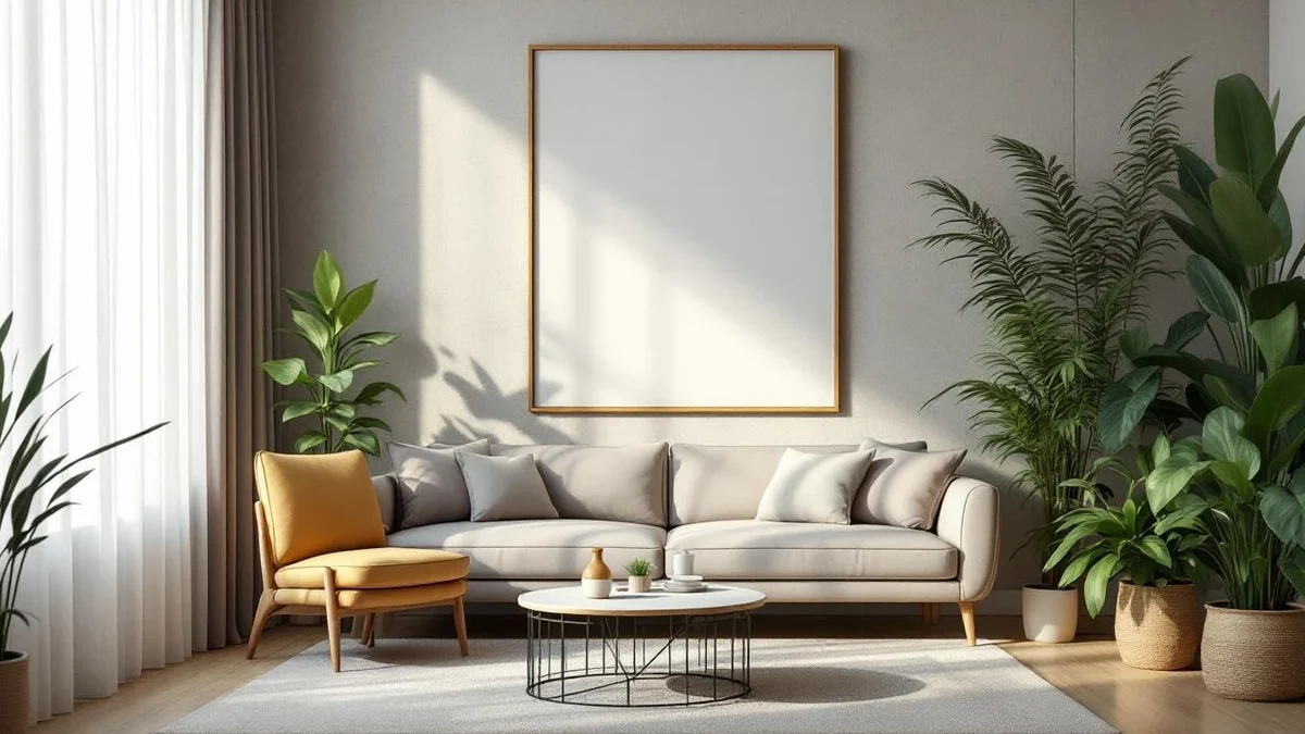 Salon clair avec grand tableau vertical au-dessus du canapé et plantes vertes