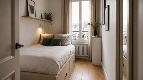 Petite chambre adulte avec lit placé contre un mur pour garder le passage