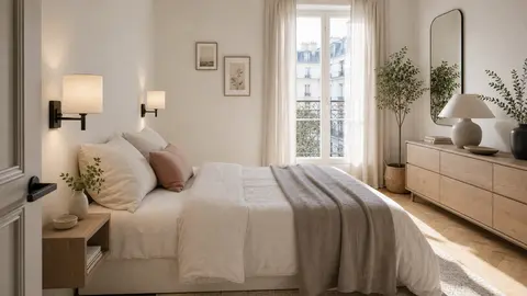 Petite chambre claire avec applique murale, miroir et commode basse