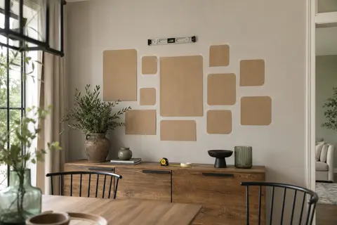 Salle à manger avec mur décoré, table en bois et composition équilibrée