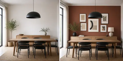 Mur de salle à manger décoré avec miroir, cadres et buffet bas