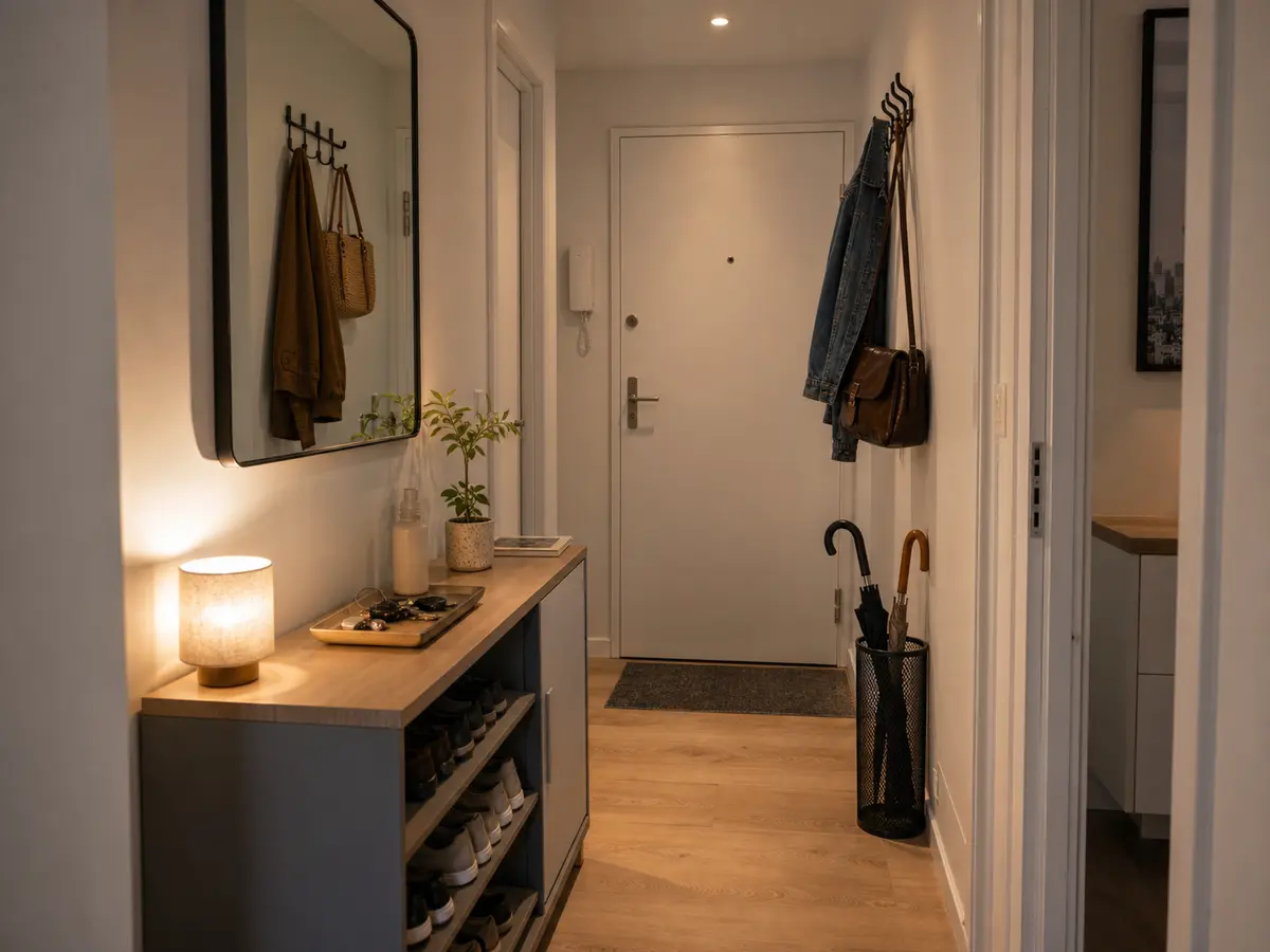 Petite entrée organisée avec meuble fin, patères et miroir