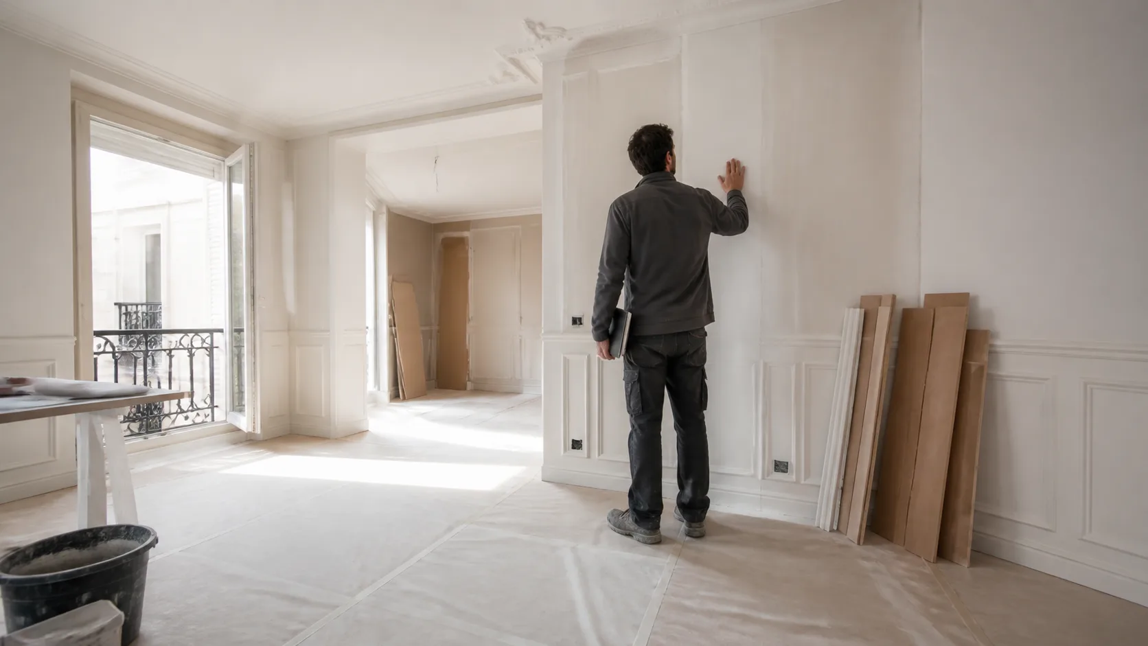 chantier de rénovation intérieure propre avec contrôle des murs et protections