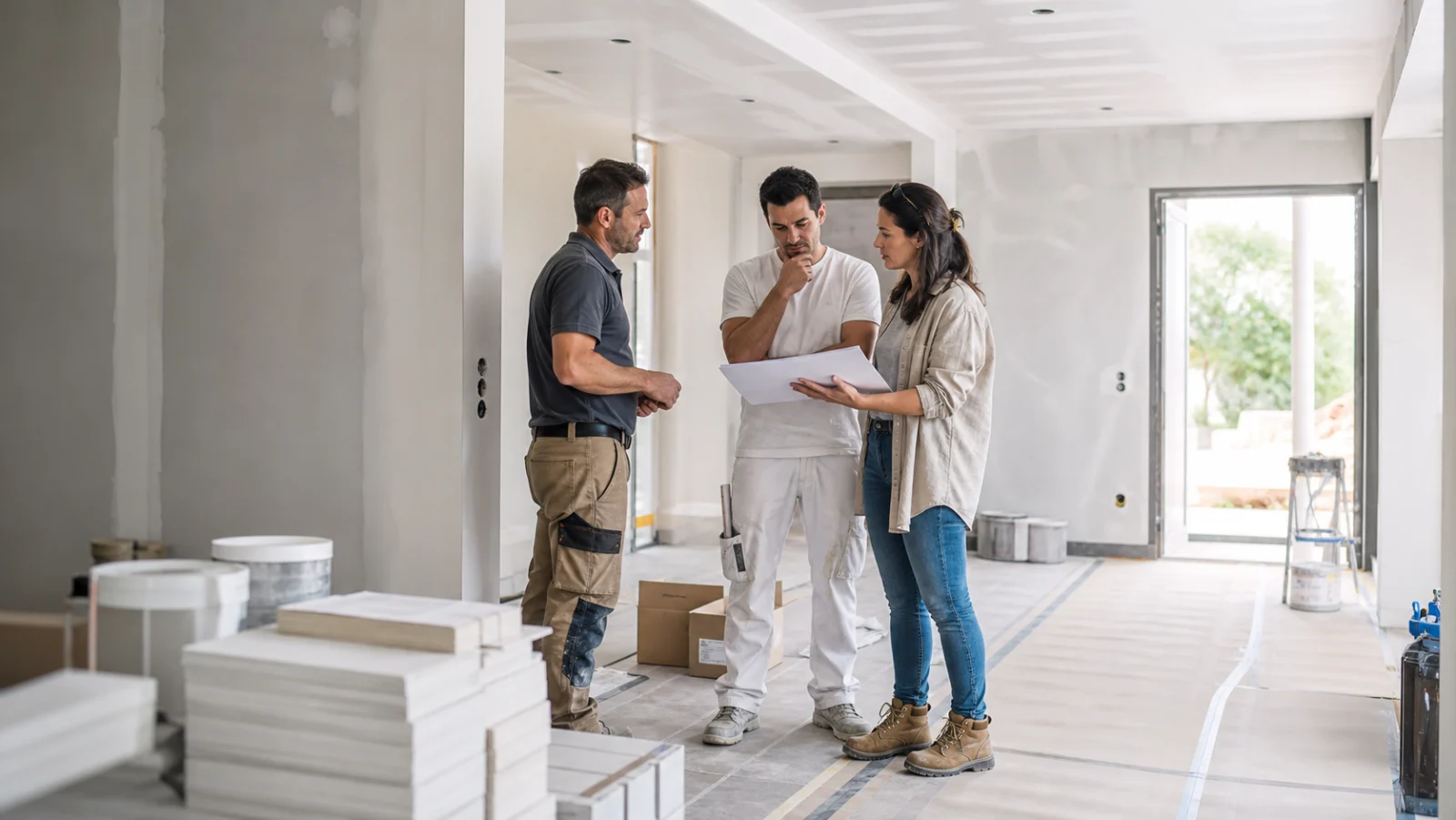 coordination des finitions avant peinture et sols dans une maison rénovée