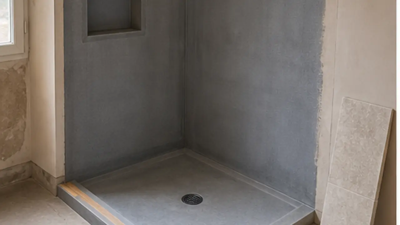 zone de douche en rénovation avec membrane d’étanchéité et préparation du receveur