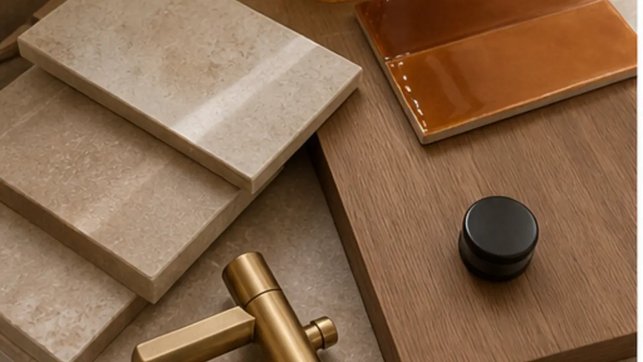 sélection de carrelage robinetterie bois traité et échantillons pour salle de bain durable