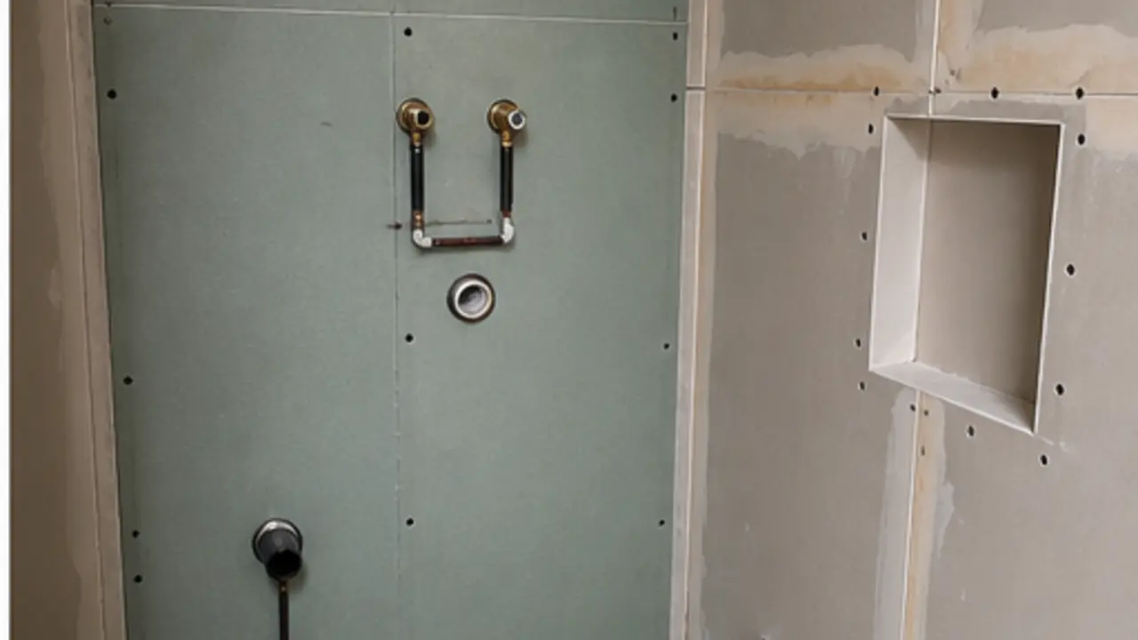 mur technique de salle de bain avec arrivées d’eau et préparation plomberie avant habillage