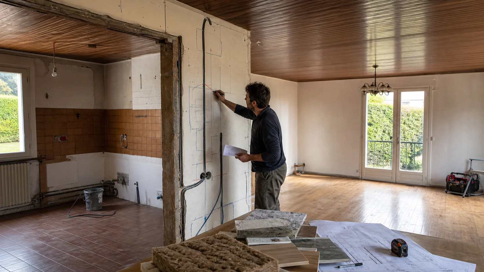 Cuisine fermée partiellement ouverte dans une maison des années 70