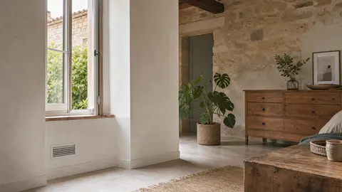 Pièce de maison ancienne rénovée avec ventilation et matériaux adaptés