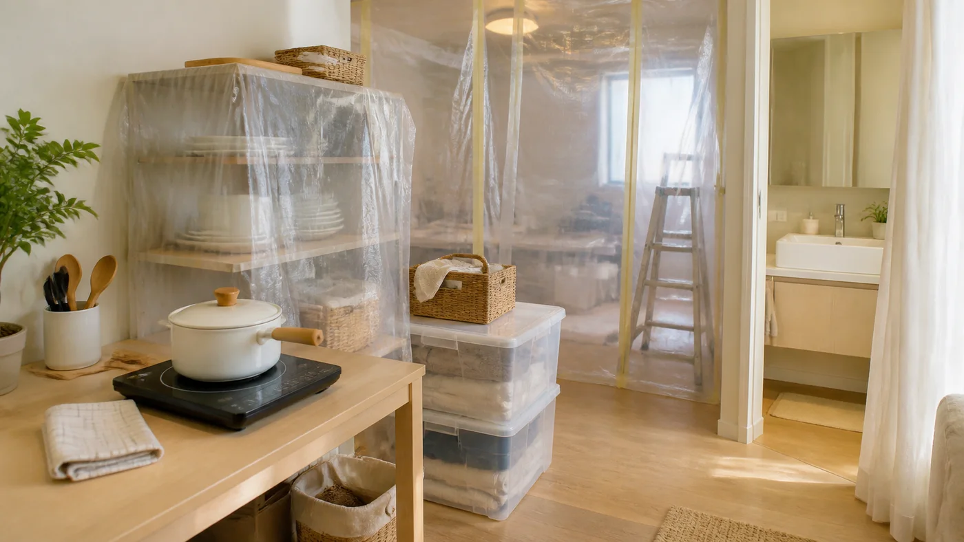 Coin cuisine temporaire protégé de la poussière pendant des travaux dans un appartement habité