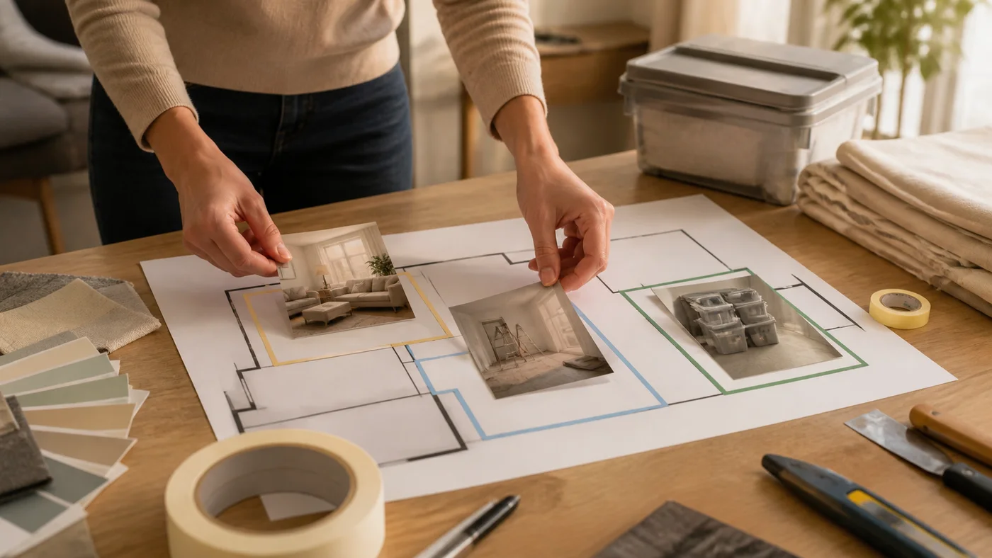 Plan de rénovation sur table avec zones de chantier et espace de vie temporaire