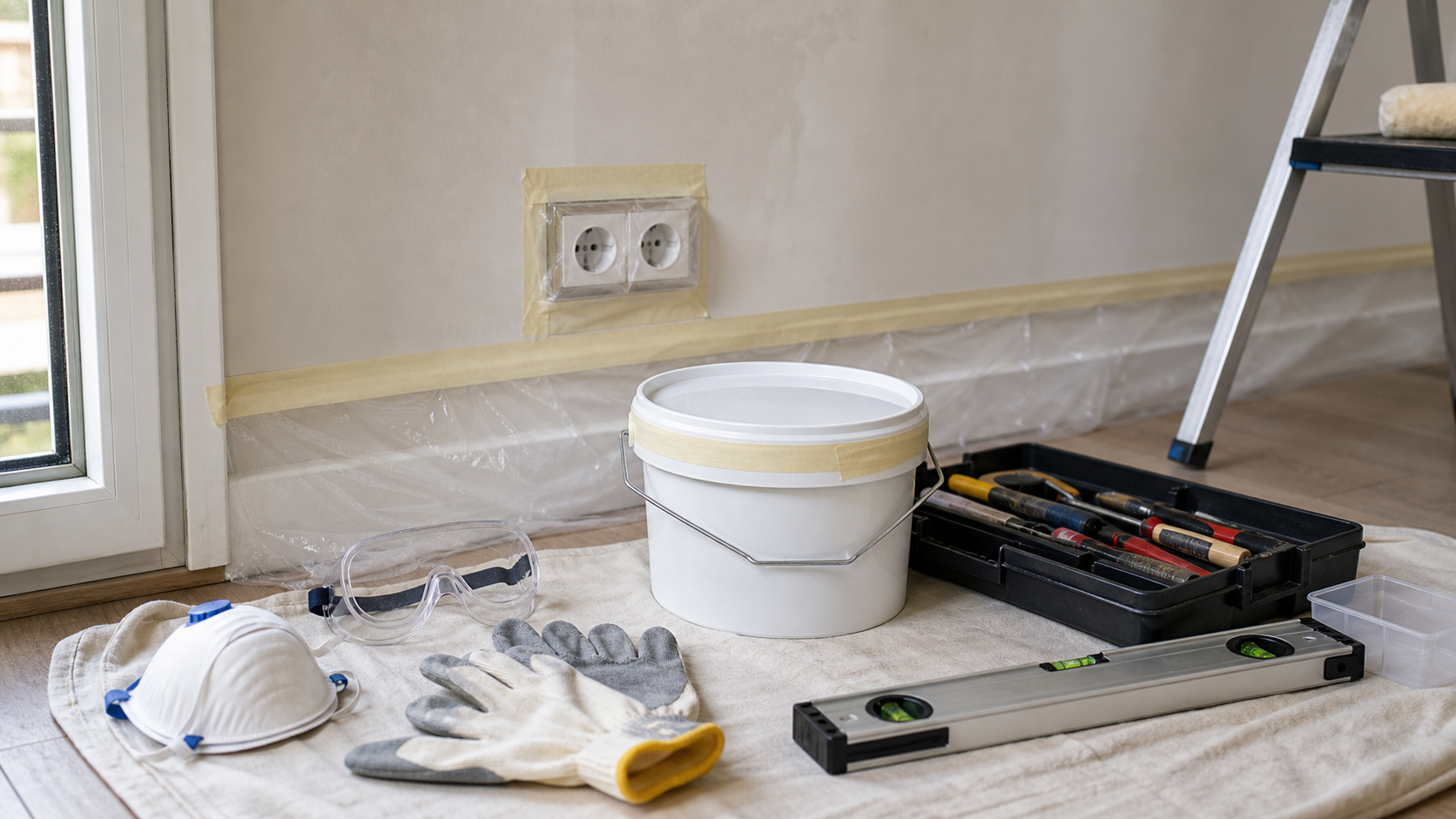 Équipement de protection et outils rangés pour petits travaux de rénovation