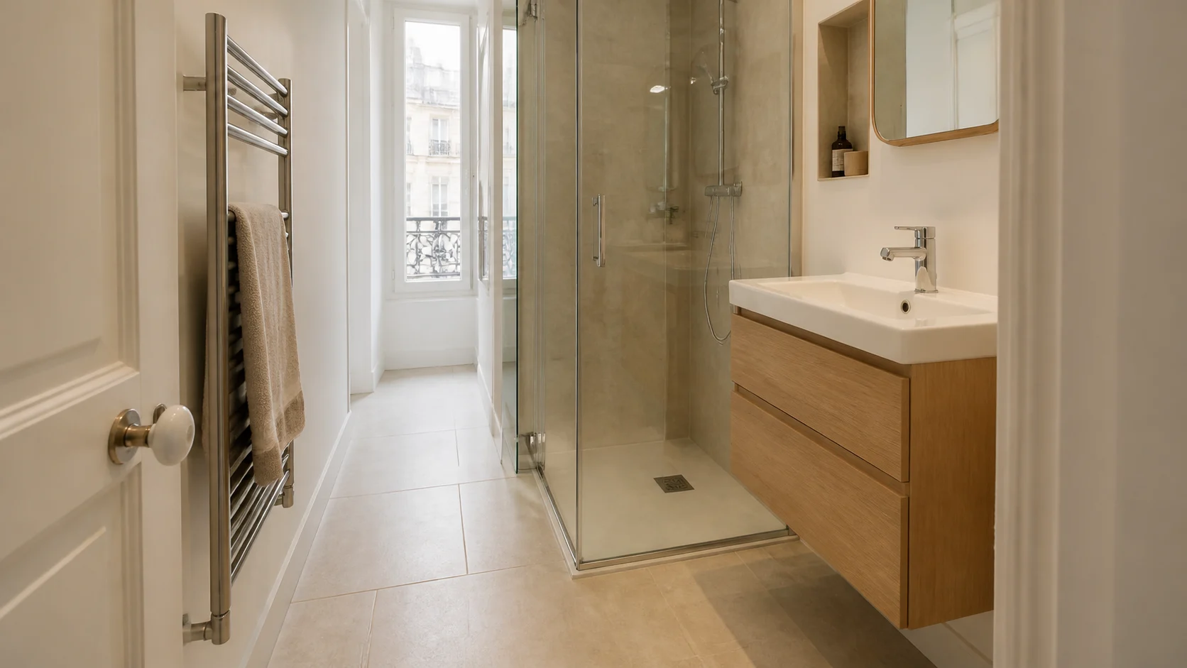 circulation dégagée entre porte douche vitrée et vasque dans une petite salle de bain