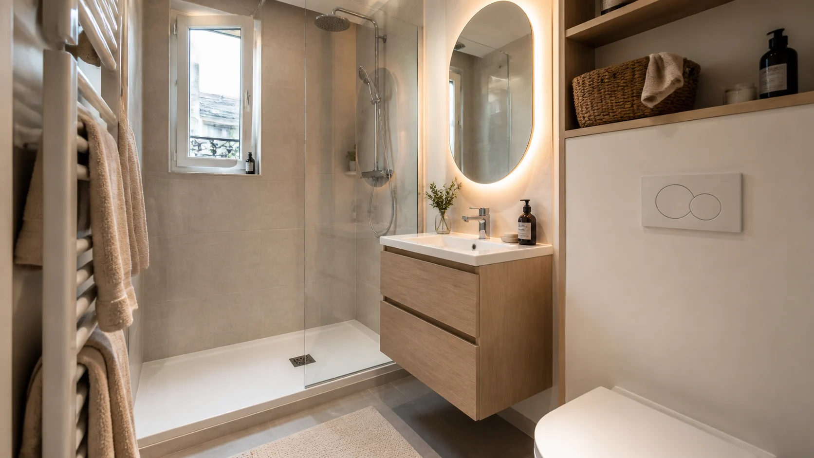 petite salle de bain optimisée avec douche vitrée meuble vasque suspendu et rangements sobres