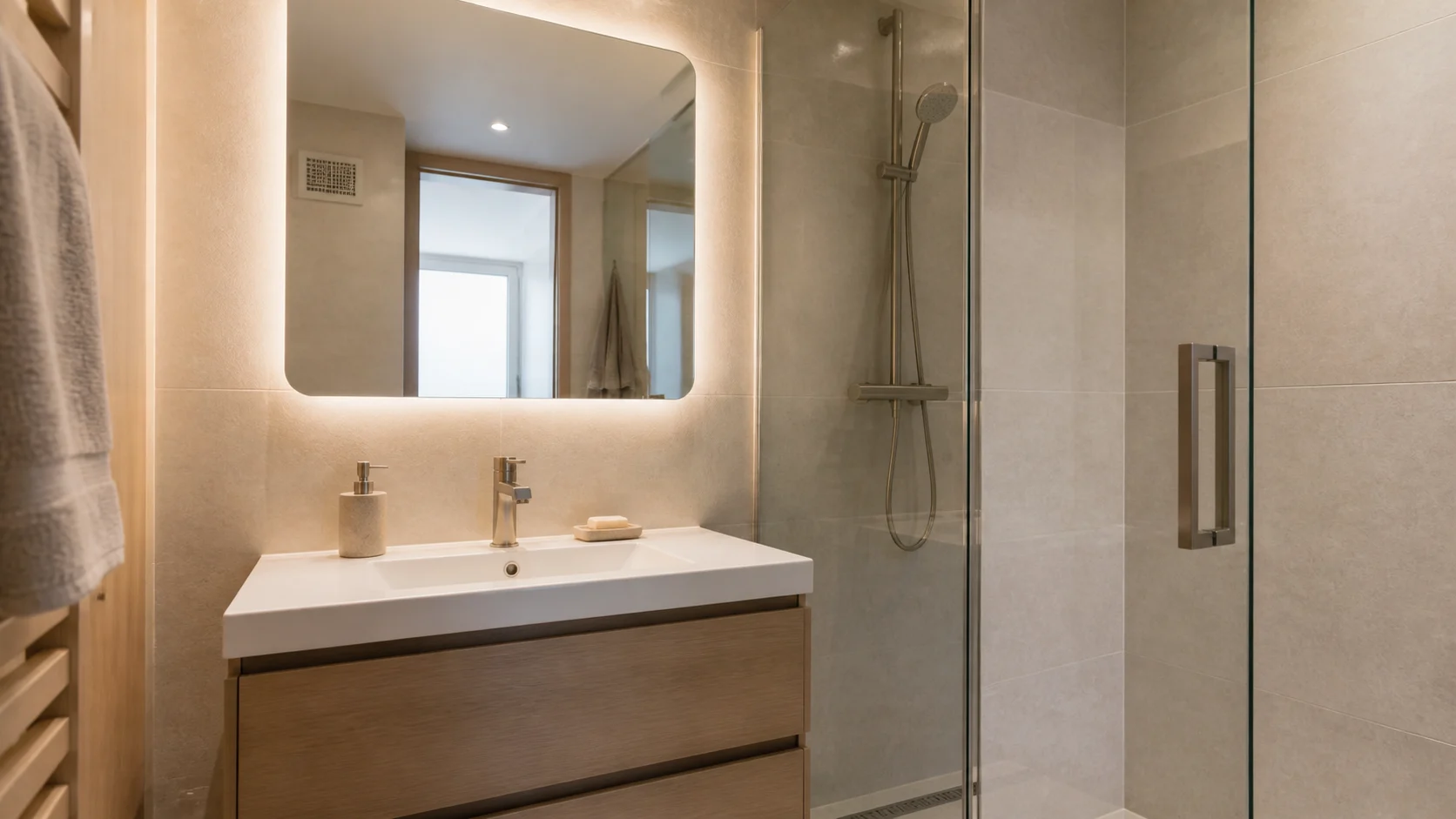 miroir lumineux paroi de douche et grille de ventilation dans une petite salle de bain