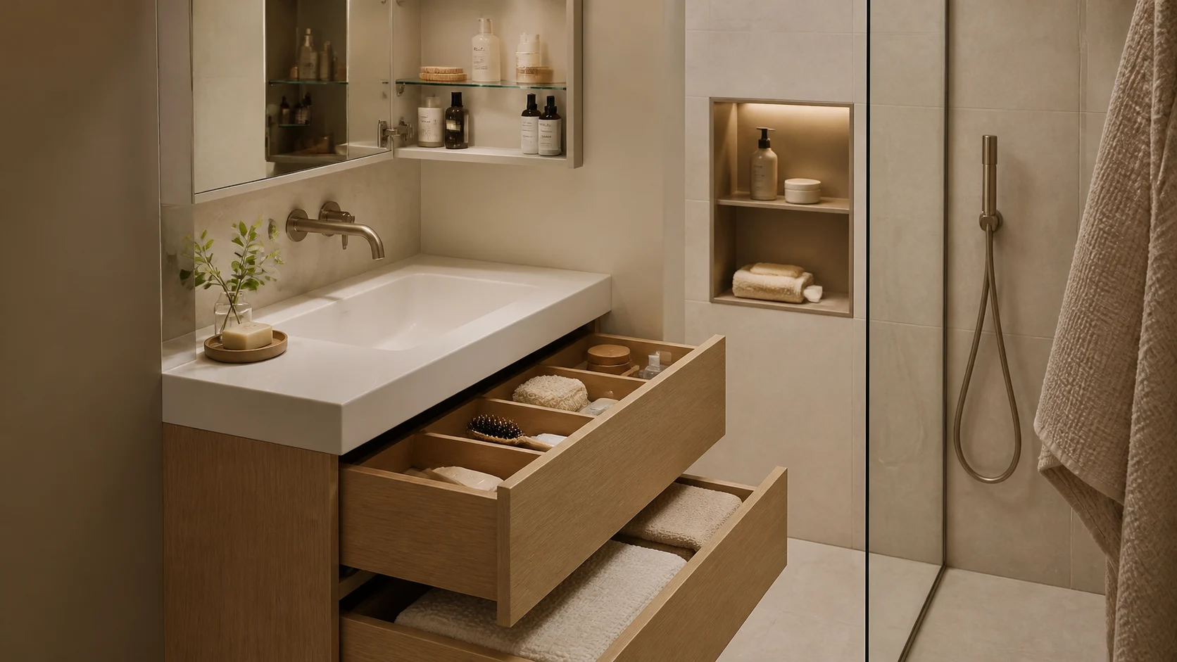 rangements organisés sous une vasque compacte avec niche de douche dans une petite salle de bain