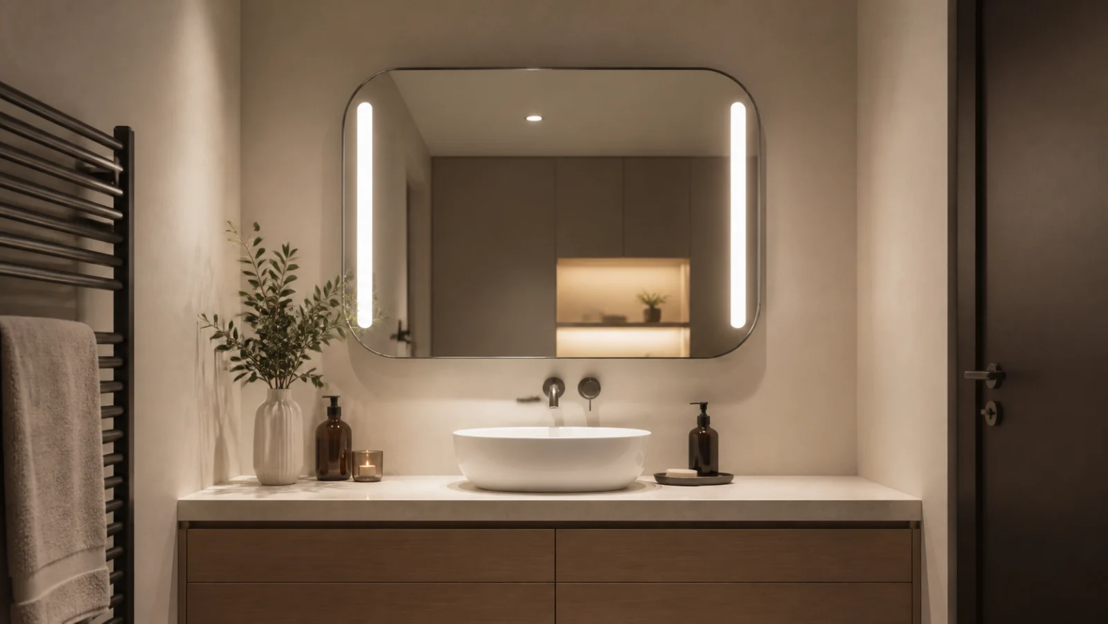 miroir lumineux et éclairage en couches dans une salle de bain aveugle