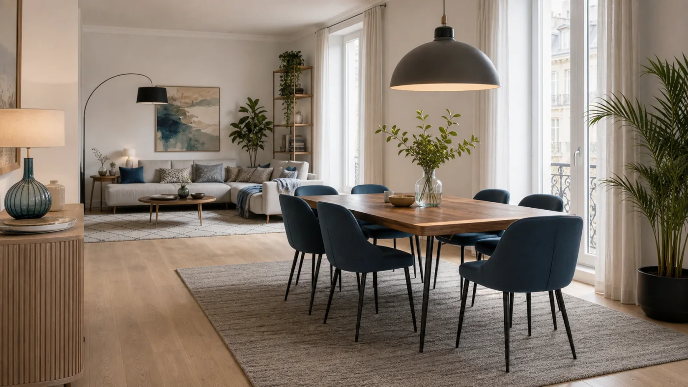 Pièce de vie lumineuse avec salon et salle à manger séparés par un meuble ouvert