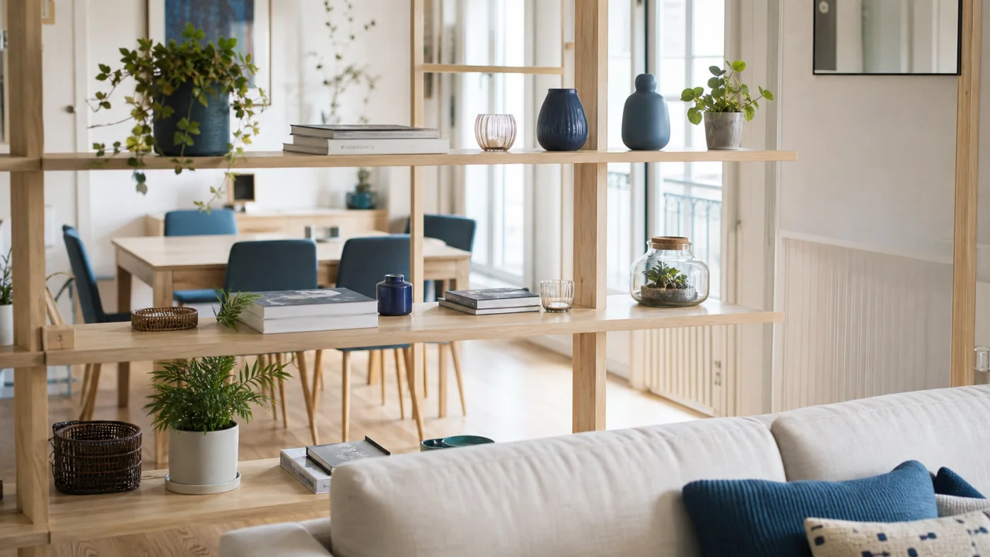 Bibliothèque ouverte séparant subtilement un salon et une salle à manger