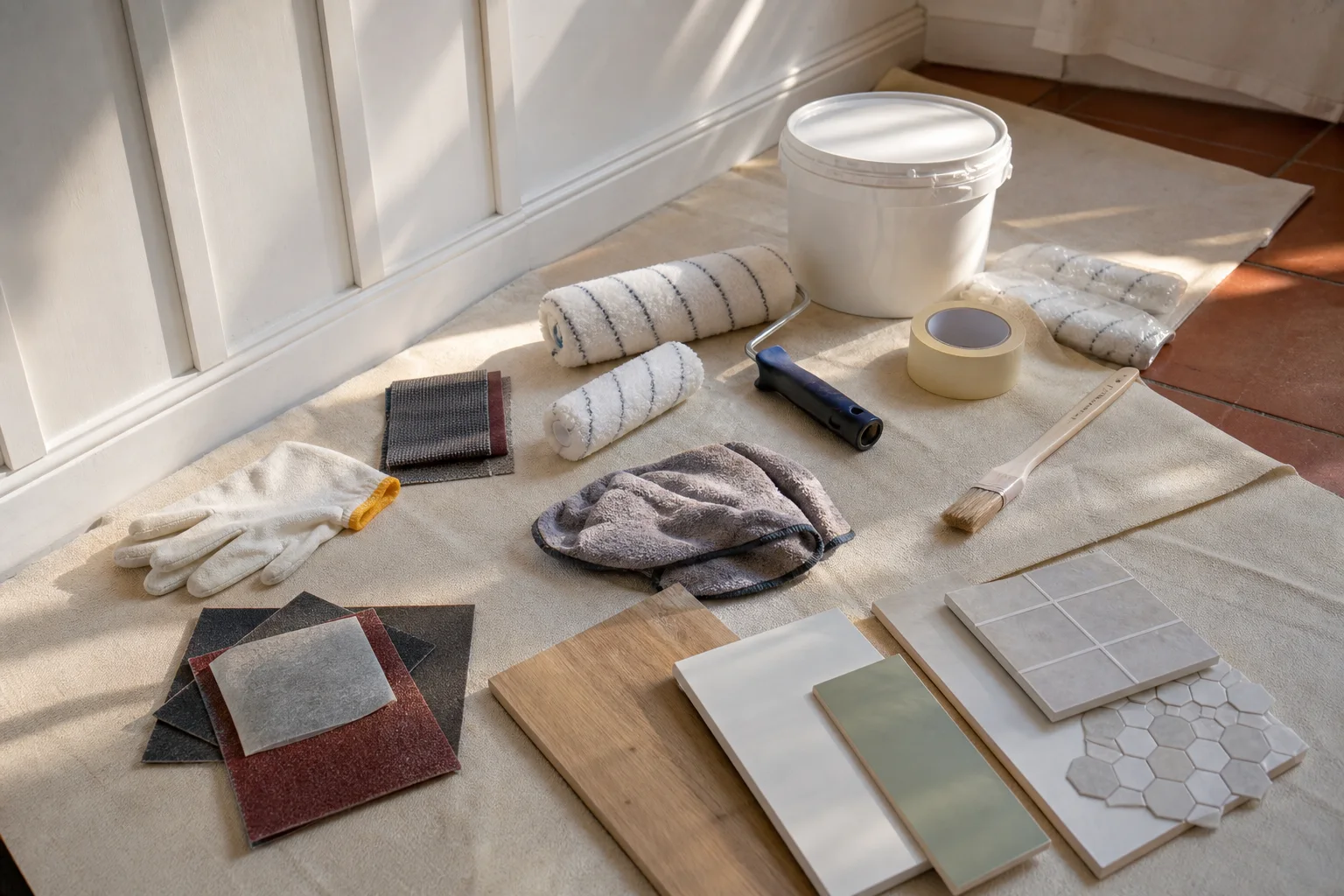 Matériel de préparation peinture avec abrasifs, rouleaux et échantillons de supports
