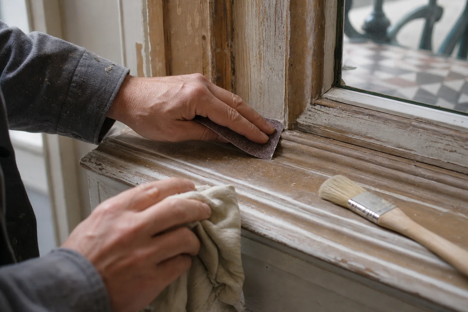 Ponçage fin d’un encadrement en bois avant peinture