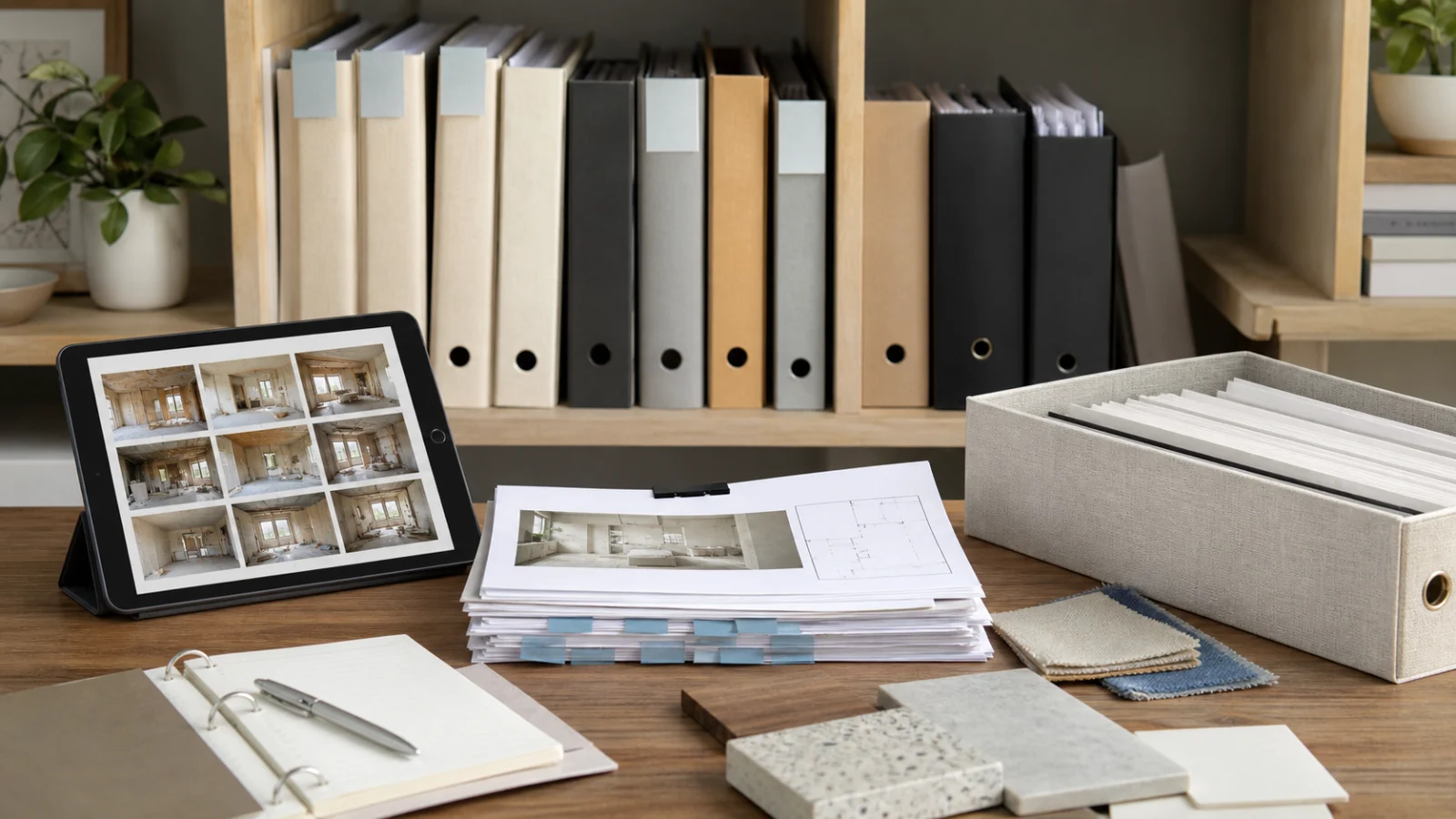 Dossier de chantier organisé avec photos, plans, PDF et échantillons de matériaux