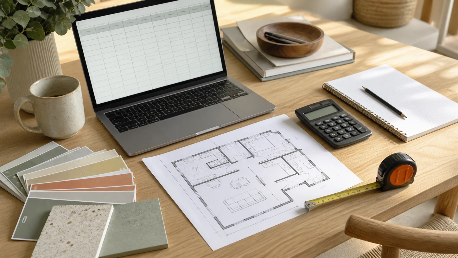 Plan de rénovation, tableur de suivi et devis comparés sur une table claire