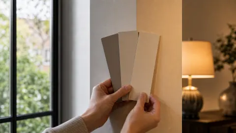 Échantillons de couleur comparés près d’une fenêtre et d’une lampe