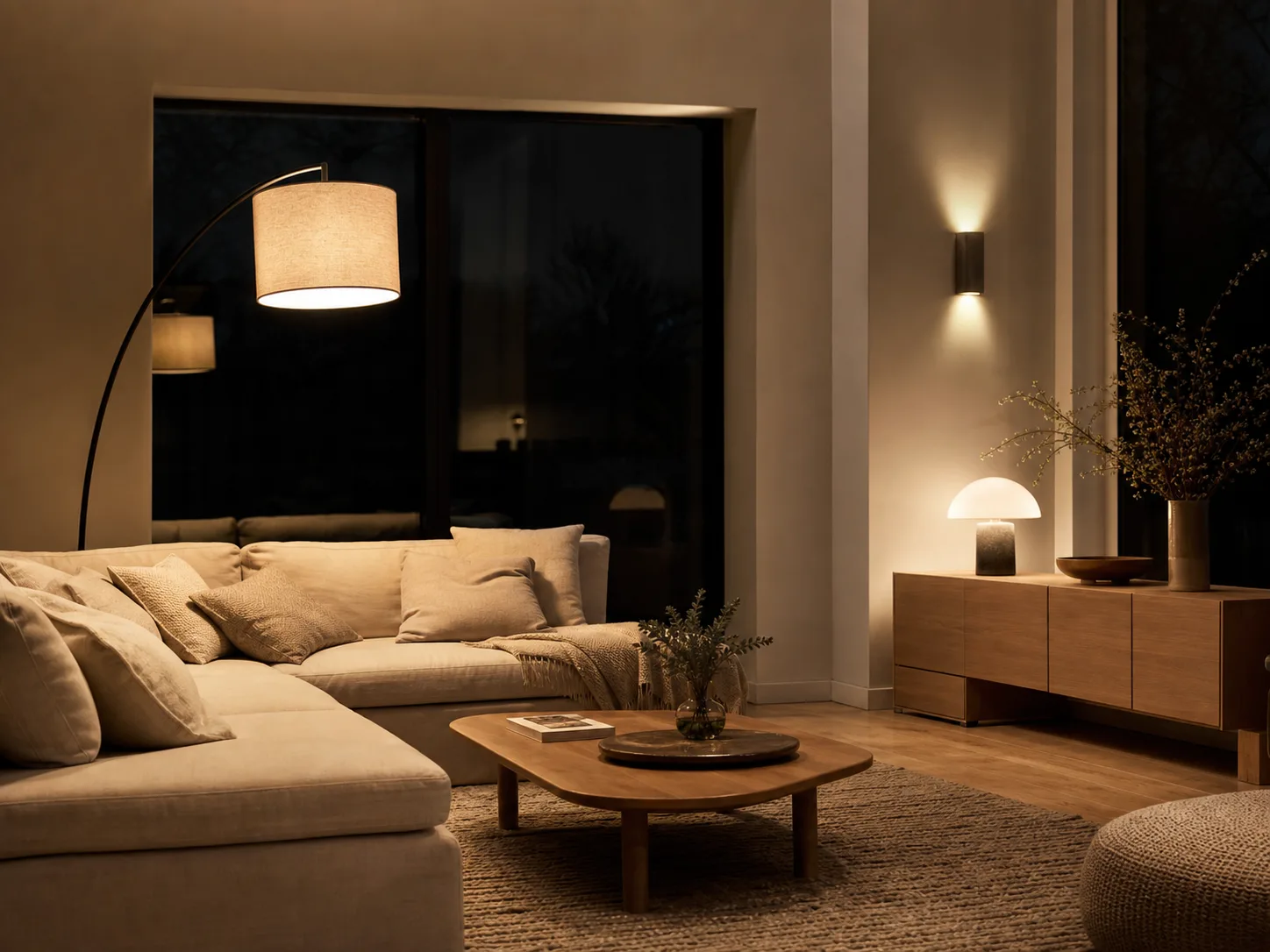 Salon contemporain éclairé par plusieurs luminaires design complémentaires