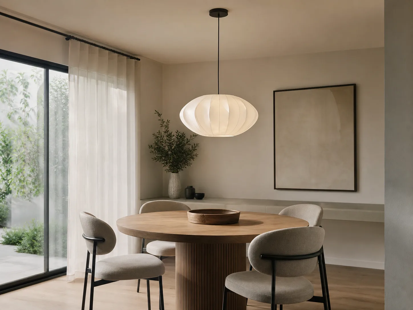 Suspension design proportionnée au-dessus d’une table ronde