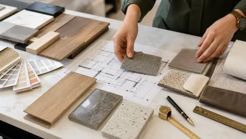 Échantillons de matériaux, plan et nuancier sur un bureau de design intérieur