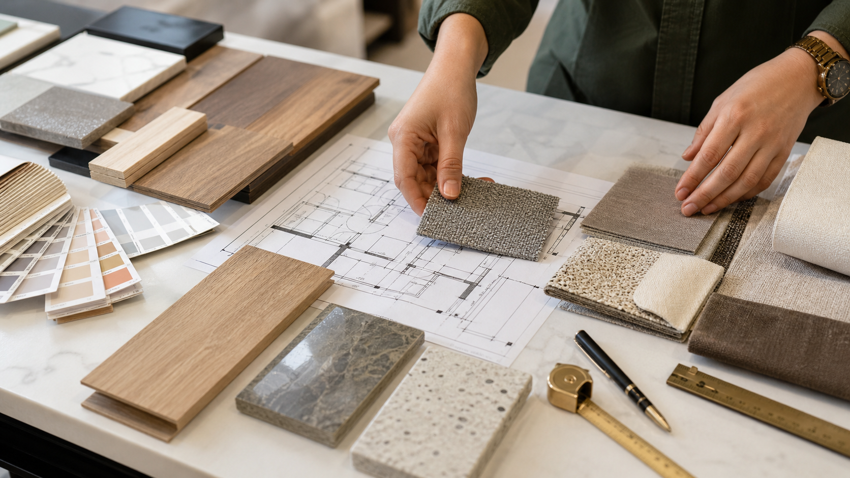 Échantillons de matériaux, plan et nuancier sur un bureau de design intérieur