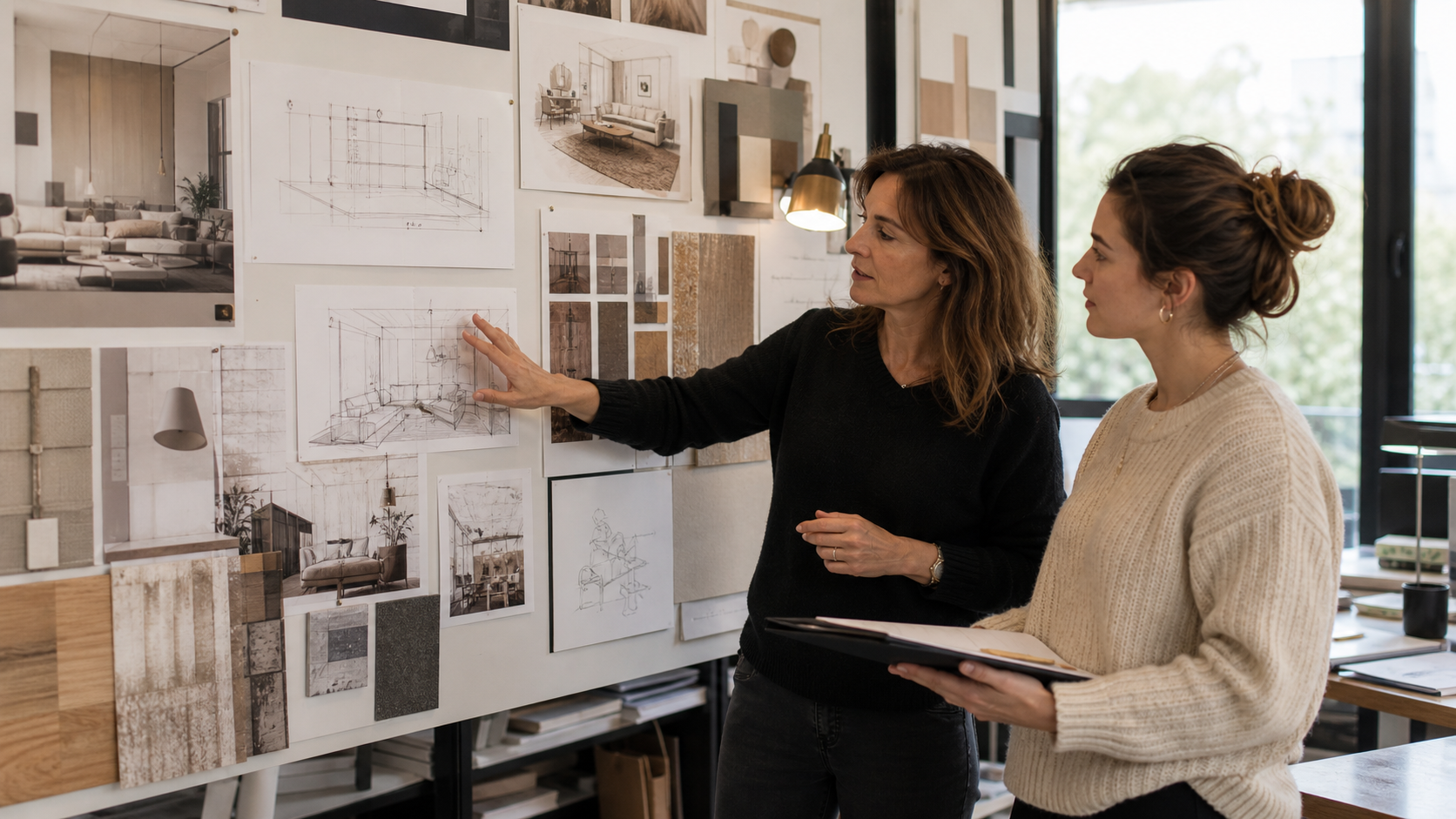 Mur de revue avec planches projet et portfolio de design intérieur