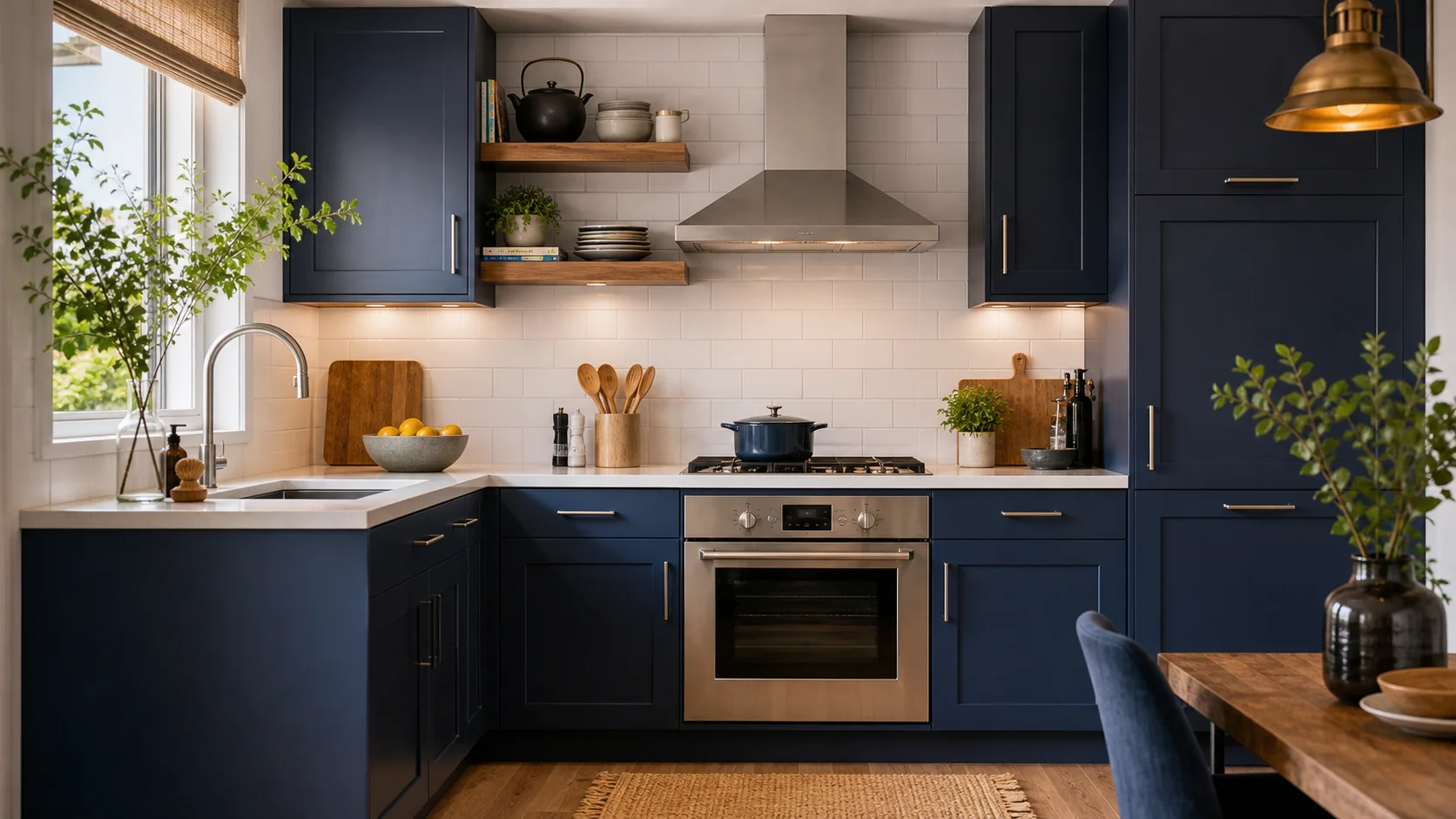 Cuisine contemporaine avec meubles bleu profond