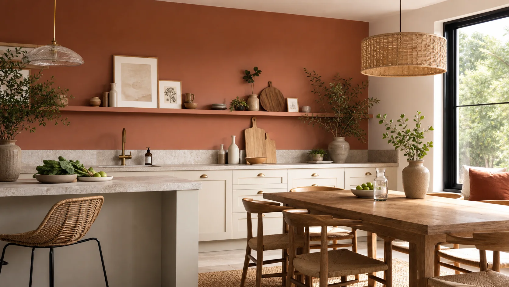 Cuisine lumineuse avec mur terracotta et meubles crème