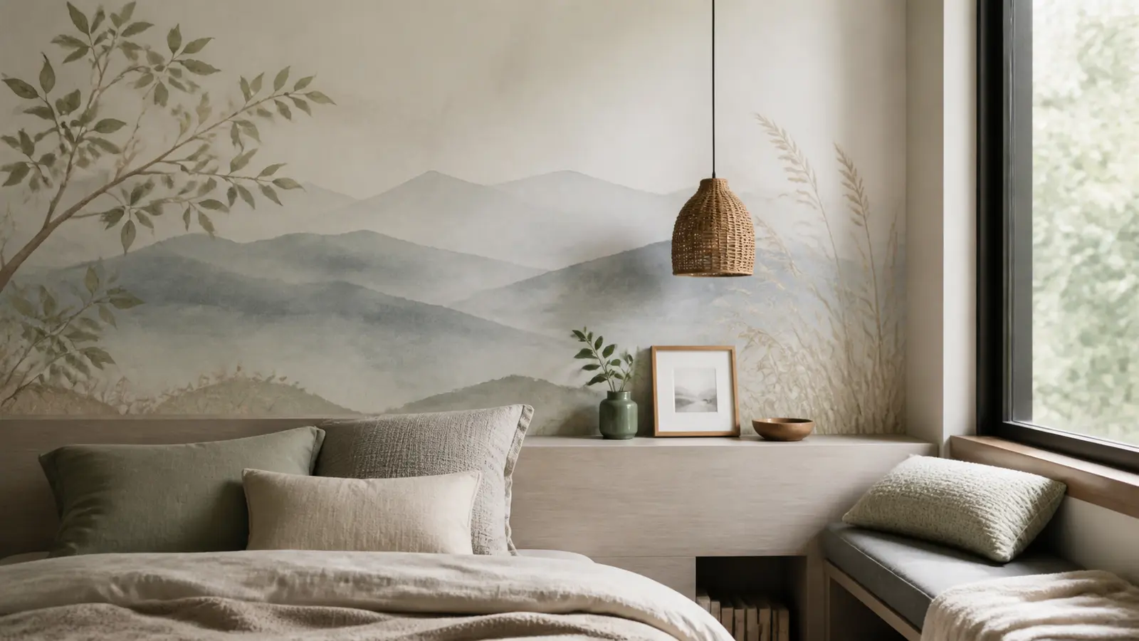 Fresque murale douce dans une chambre avec composition apaisée