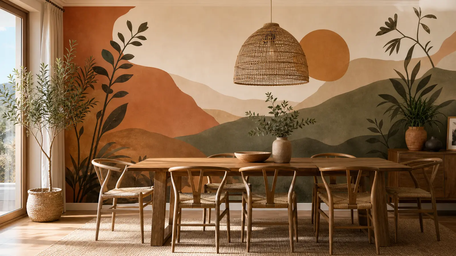 Fresque murale dans une salle à manger accordée aux meubles et à la lumière