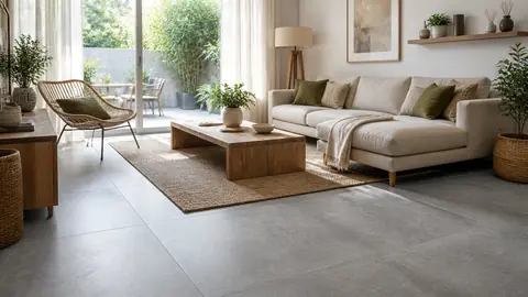 Salon lumineux avec carrelage gris, canapé clair, bois et tapis texturé