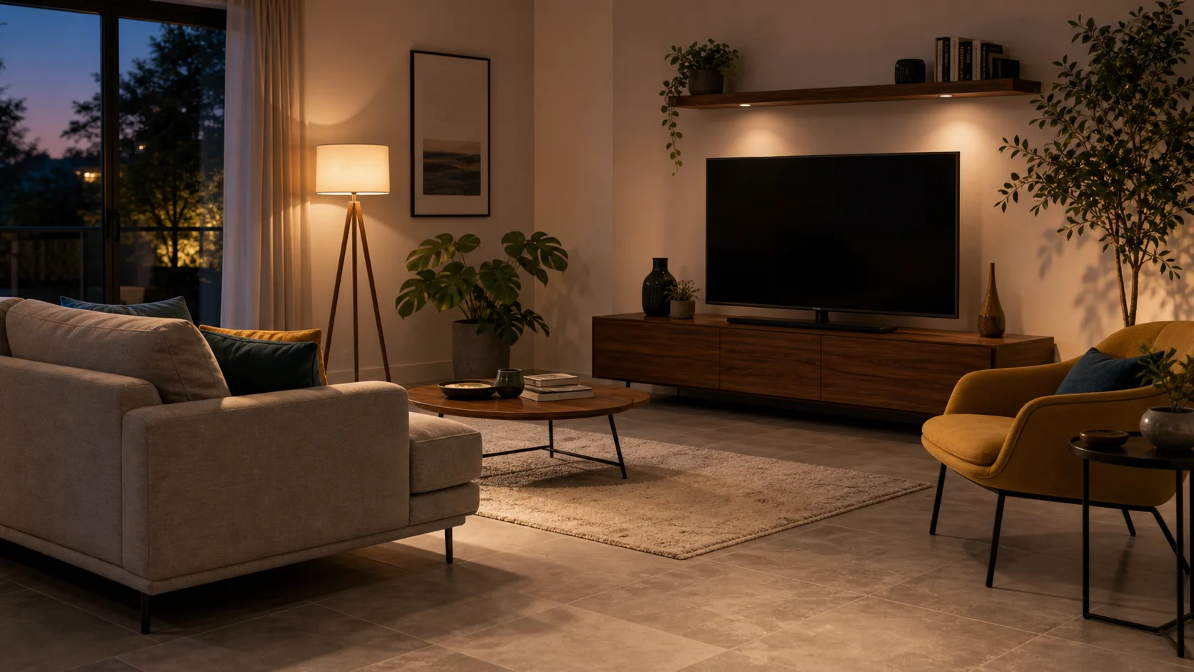 Salon avec carrelage gris, lampadaire chaud, meuble bois et coussins colorés