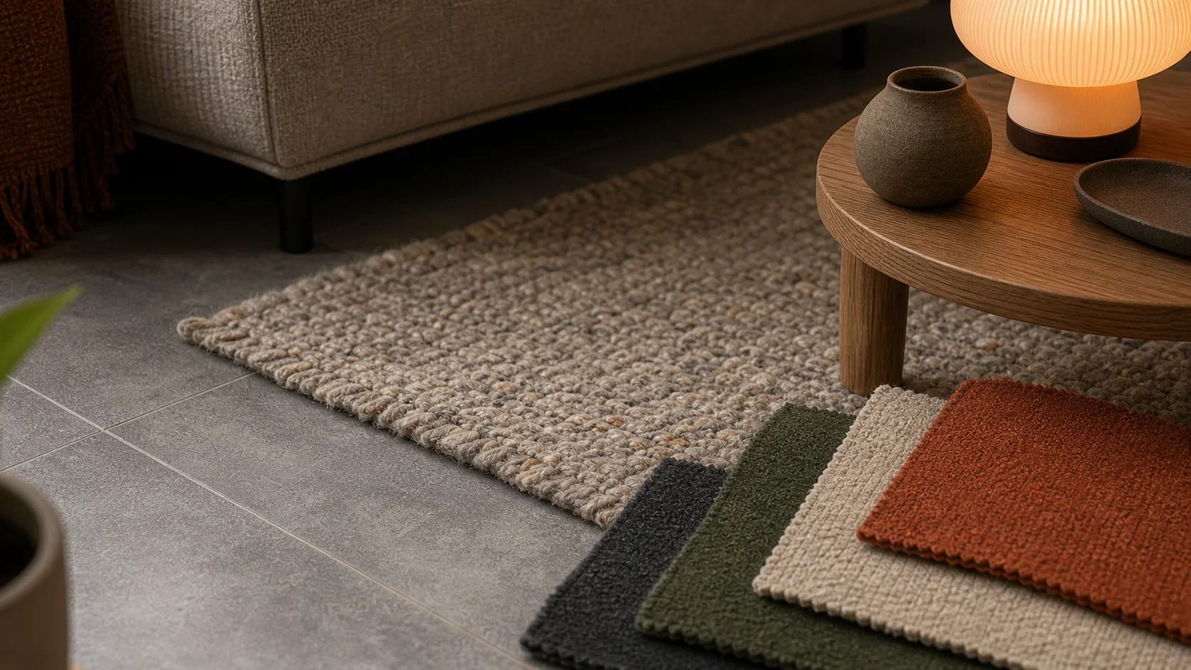 Tapis texturé sur carrelage gris avec échantillons de tissus chaleureux
