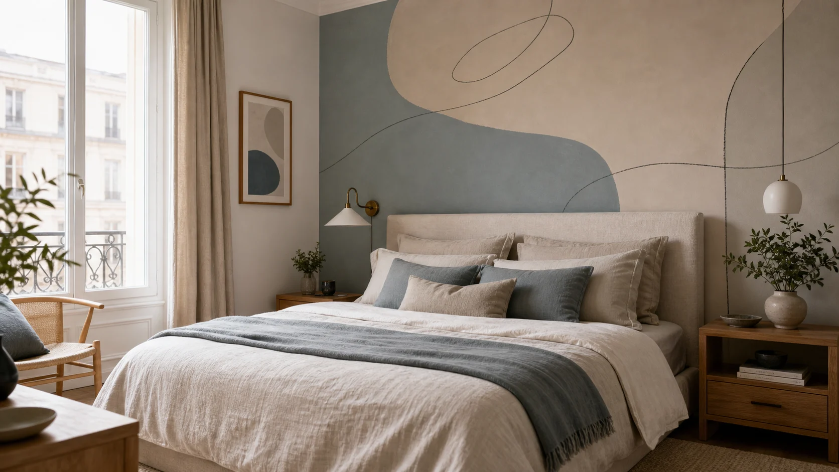 Chambre avec peinture murale artistique douce derrière le lit