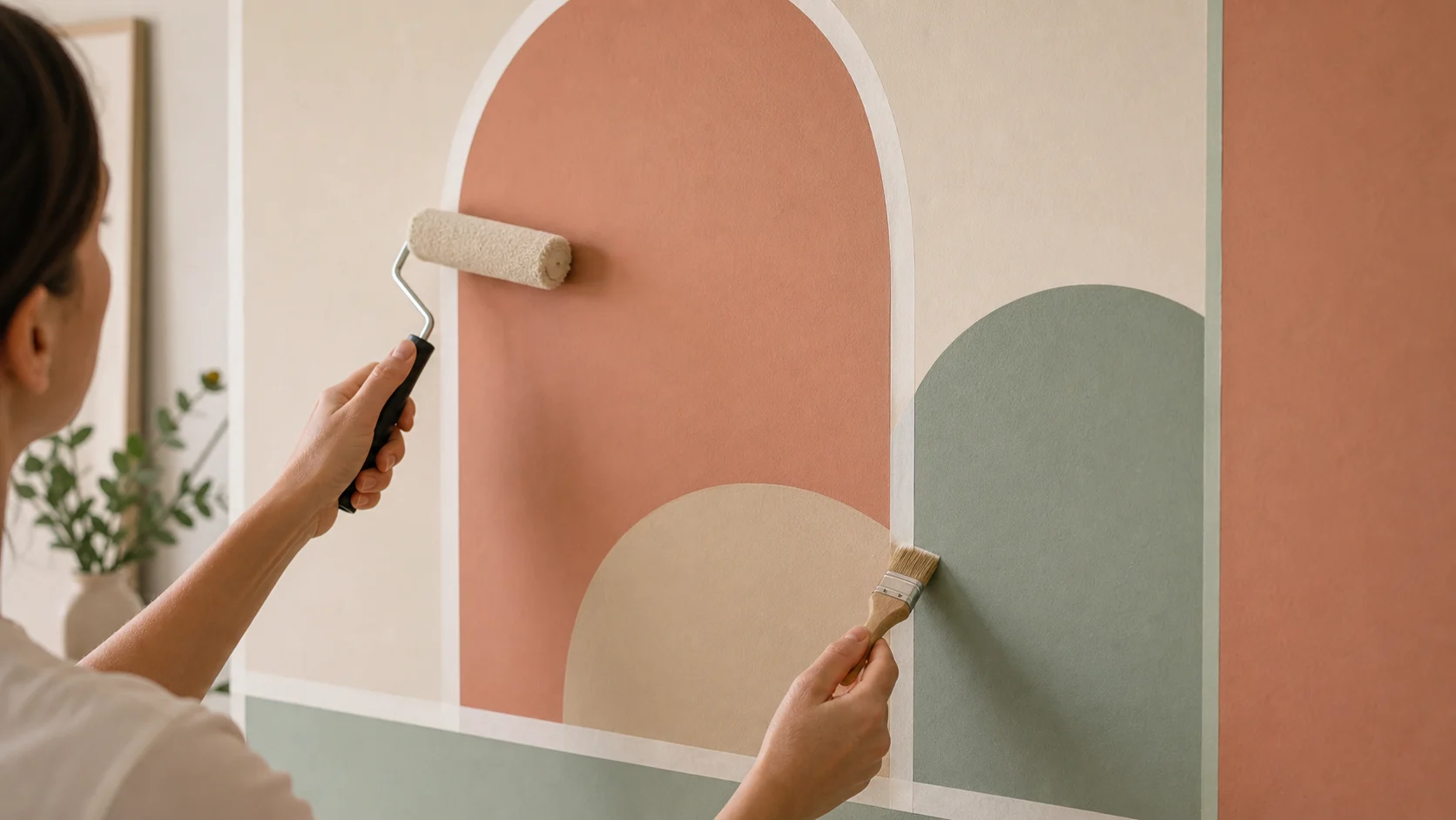 Réalisation d’une peinture murale artistique avec ruban et rouleau