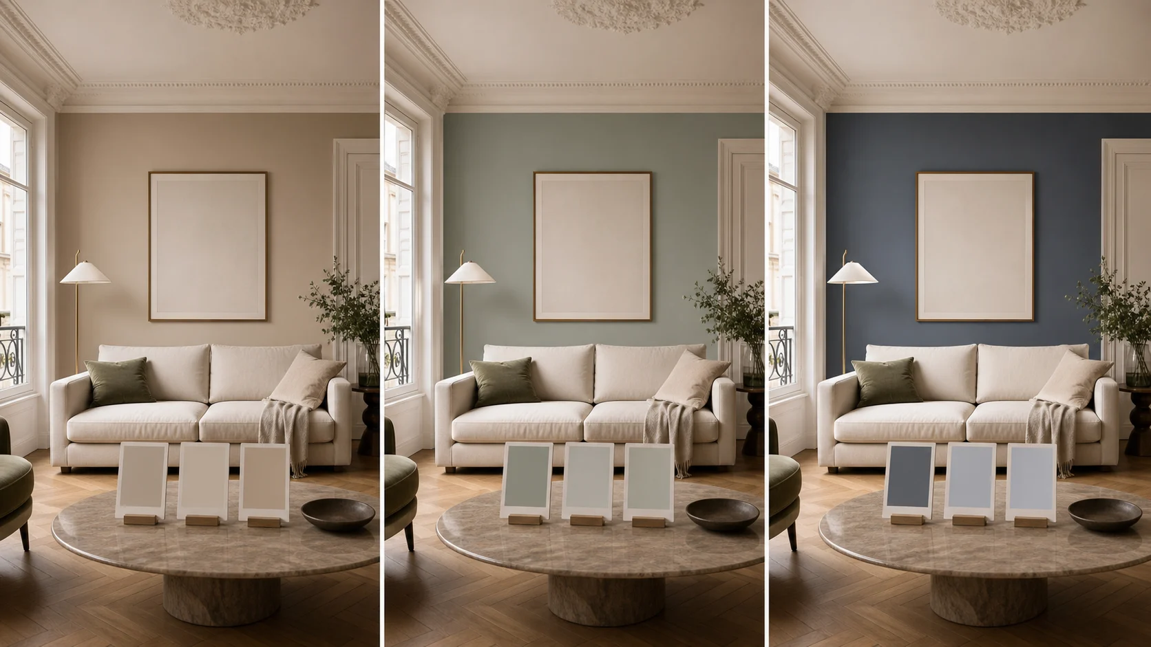 Trois simulations de couleurs murales dans le même salon