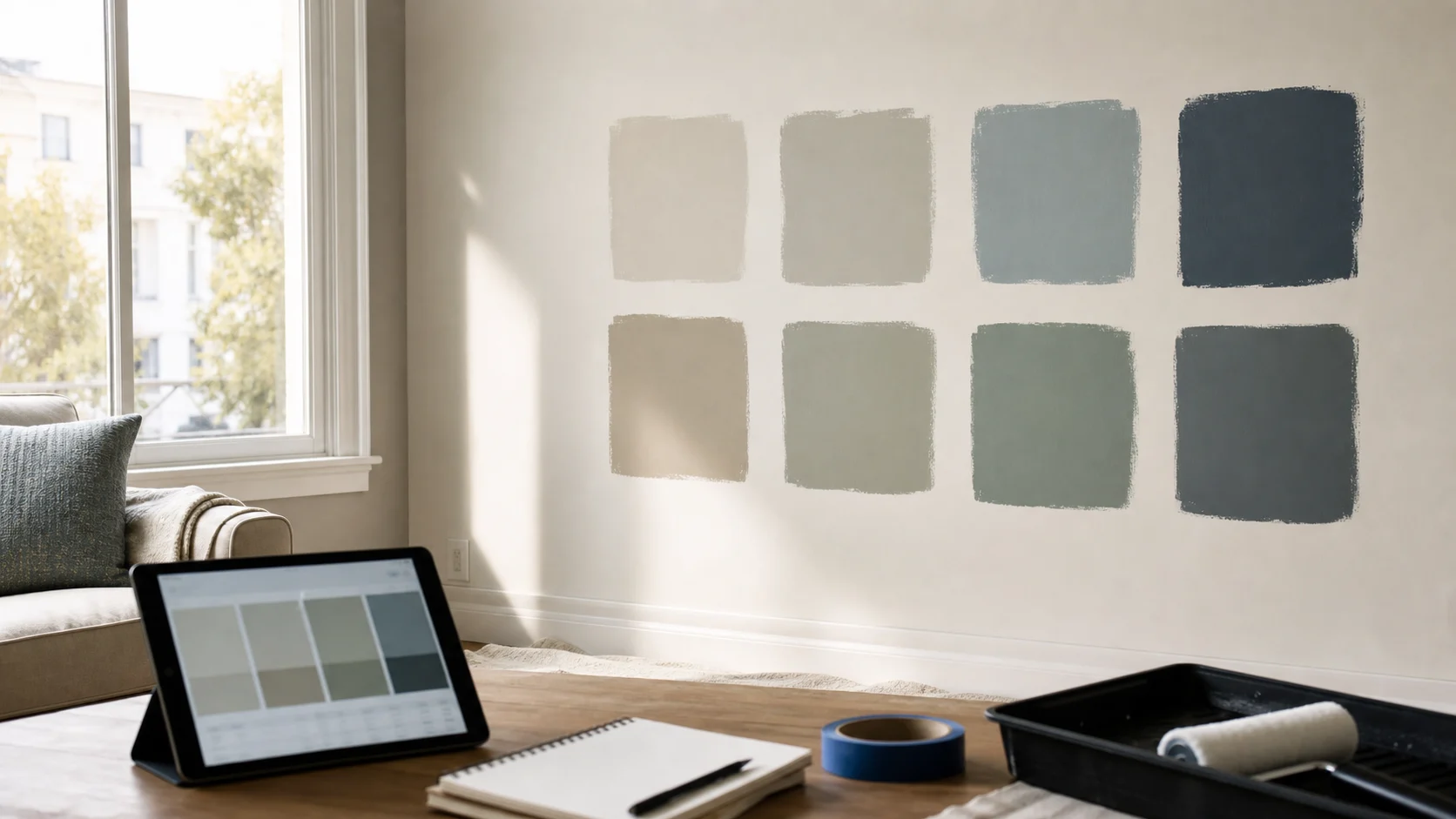 Échantillons de peinture posés sur un mur avant décision