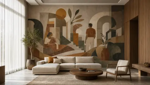 Salon contemporain avec mur narratif abstrait et mobilier épuré