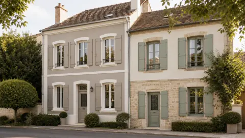 Façades de maisons harmonisées avec volets, toiture et paysage de rue