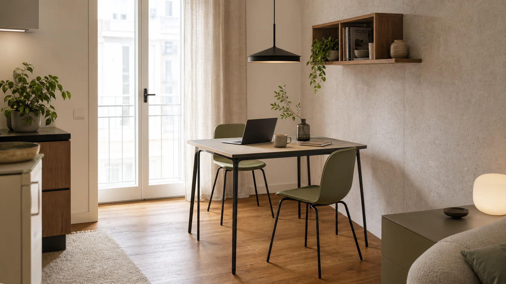 <strong>coin repas</strong> compact avec table fine et chaises inspirees du design italien