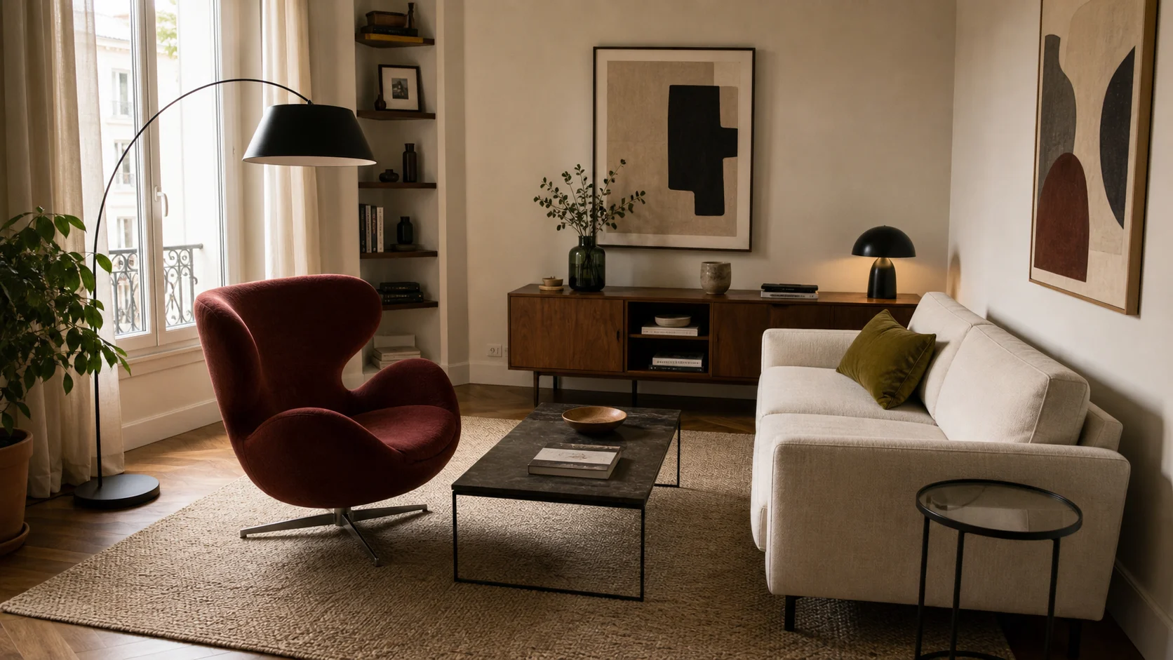 Salon compact avec fauteuil sculptural et mobilier design italien sobre